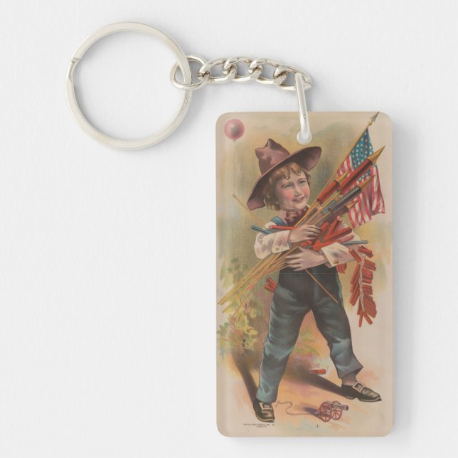 Boy with Fireworks, American Flag, Patriotic Print Key Ring (Front)