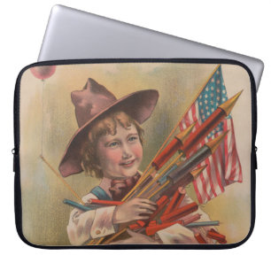 Boy with Fireworks, American Flag, Patriotic Print Laptop Sleeve