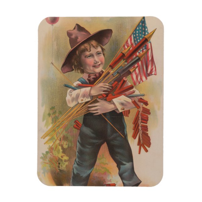 Boy with Fireworks, American Flag, Patriotic Print Magnet (Vertical)