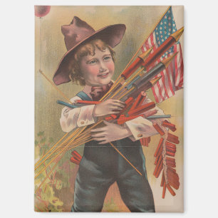 Boy with Fireworks, American Flag, Patriotic Print Magnet
