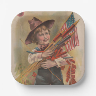 Boy with Fireworks, American Flag, Patriotic Print Paper Plate