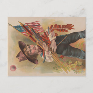 Boy with Fireworks, American Flag, Patriotic Print Postcard