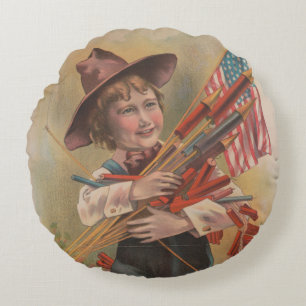 Boy with Fireworks, American Flag, Patriotic Print Round Cushion