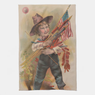 Boy with Fireworks, American Flag, Patriotic Print Tea Towel