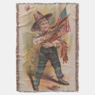Boy with Fireworks, American Flag, Patriotic Print Throw Blanket