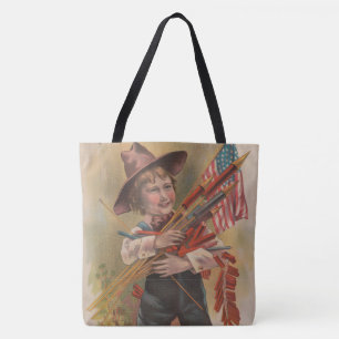 Boy with Fireworks, American Flag, Patriotic Print Tote Bag