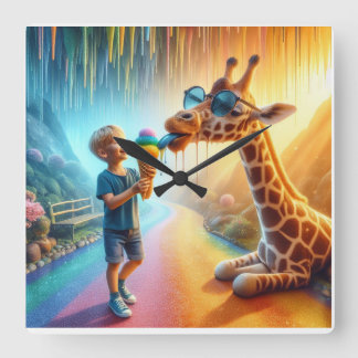 Boy with Giraffe Square Wall Clock