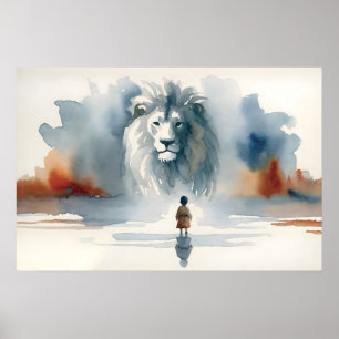 Boy With Jesus The Lion Watercolor Christian Wall Poster