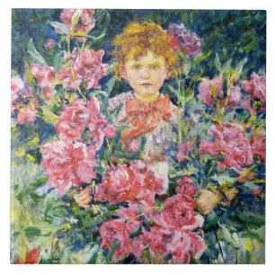 Boy With Red Peony Flowers (by Robert Reid) Tile