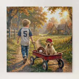 Boy with Red Wagon and Golden Retriever Puppy Jigsaw Puzzle