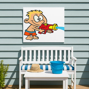 Boy with Water Gun Summer Fun Poster
