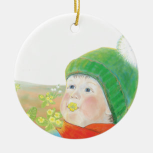 Boy with Wild Primroses Ceramic Tree Decoration