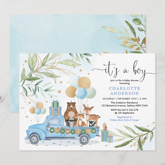 Boy Woodland Animal Blue Gold Greenery Baby Shower Invitation (Front/Back)