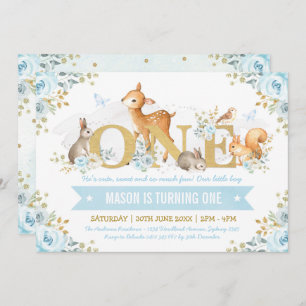 Boy Woodland Animals Blue Gold Floral 1st Birthday Invitation