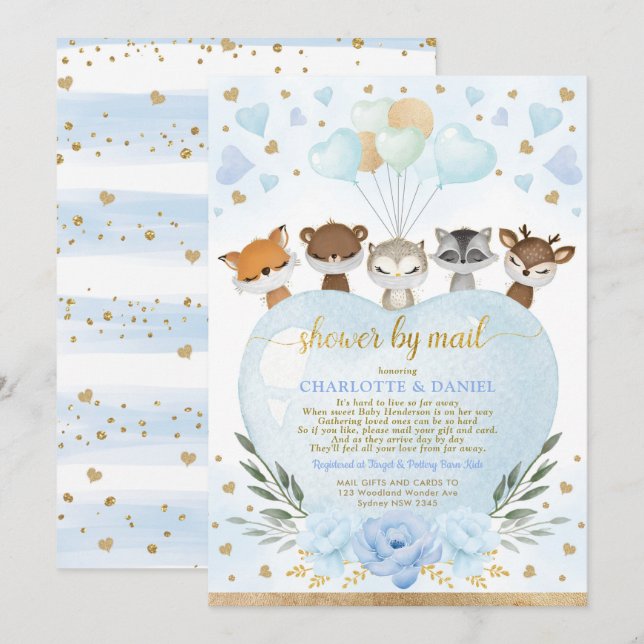 Boy Woodland Baby Shower By Mail Blue Gold Hearts Invitation (Front/Back)