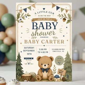 Boy Woodland Bear Baby Shower Invitation