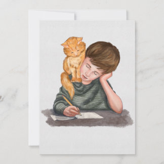 Boy writing, cat on shoulder, handmade/ Classic Holiday Card