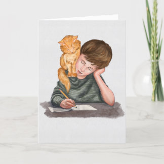 Boy writing, cat on shoulder, handmade/ Classic Holiday Card