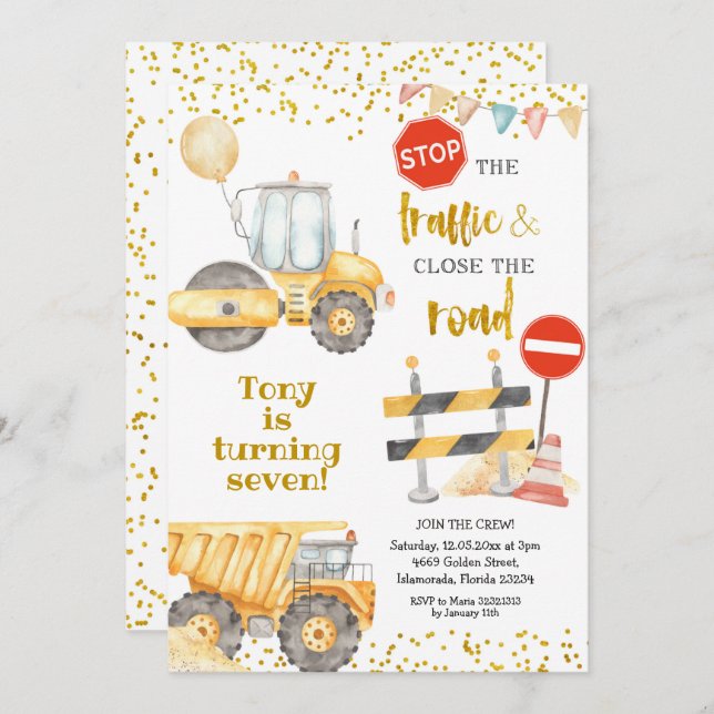 Boy Yellow Construction Trucks Birthday Invitation (Front/Back)