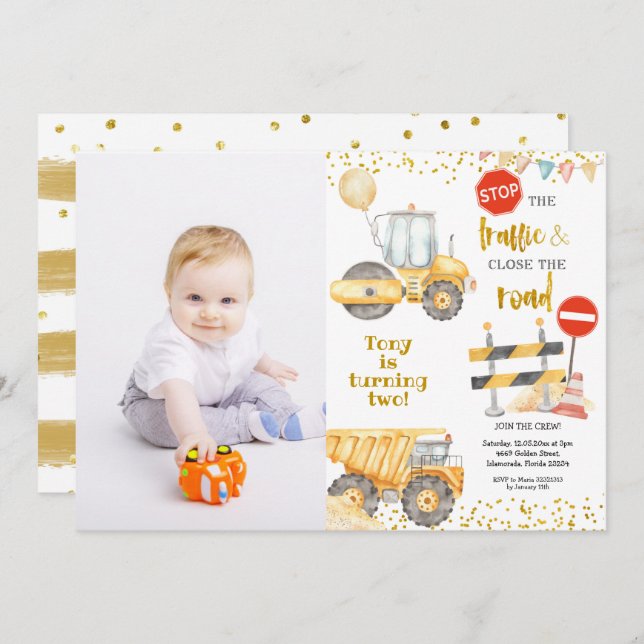 Boy Yellow Construction Trucks Birthday with Photo Invitation (Front/Back)