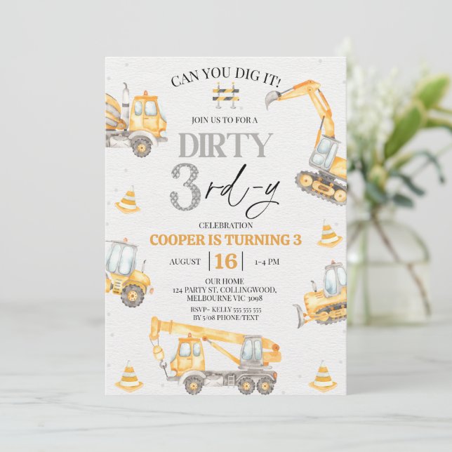 Boy Yellow Gray Construction Dirty 3rd-y Birthday  Invitation (Standing Front)