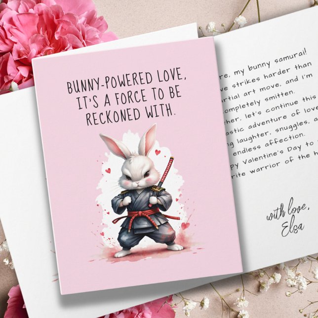 Boyfriend Bunny Pun Ninja Warrior Pink Valentines Card (Cute Bunny Ninja Warrior Pink Funny Valentines Card)