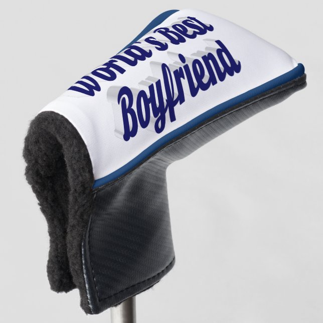 Boyfriend with dark blue script golf head cover (3/4 Front)