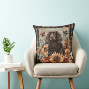 Boykin Spaniel Dog Fall Watercolor Flowers Cushion