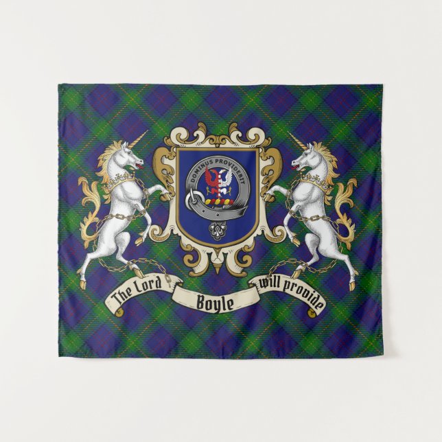 Boyle Clan Badge & Unicorns w/Tartan  Tapestry (Front (Horizontal))