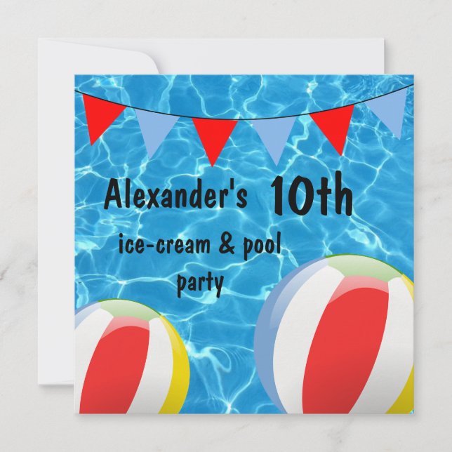 Boy's 10th Ice-Cream & pool Party Invitation (Front)