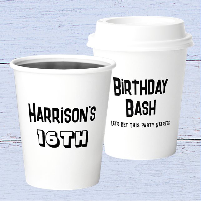 Boys 16th Birthday Bash Black And White Name Paper Cups (Front And Back)
