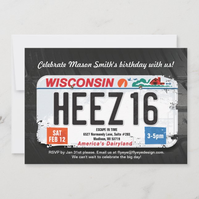 Boy's 16th Birthday Wisconsin License Invitation (Front)