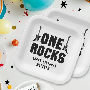 Boys 1st Birthday Black and White One Rocks Party Paper Plate