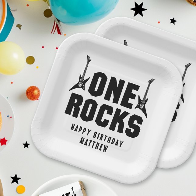 Boys 1st Birthday Black and White One Rocks Party Paper Plate (Creator Uploaded)