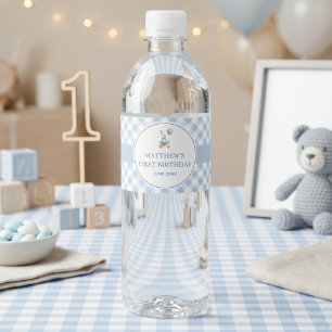 Boy's 1st Birthday Blue Gingham Cute Goose Water Bottle Label