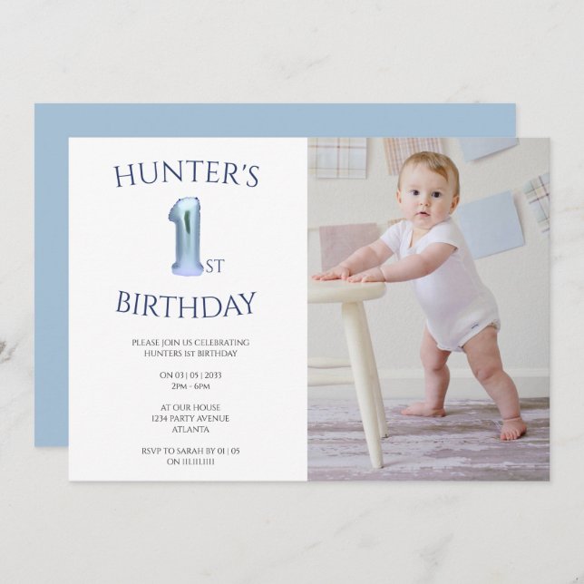Boys 1st birthday blue photo  invitation (Front/Back)