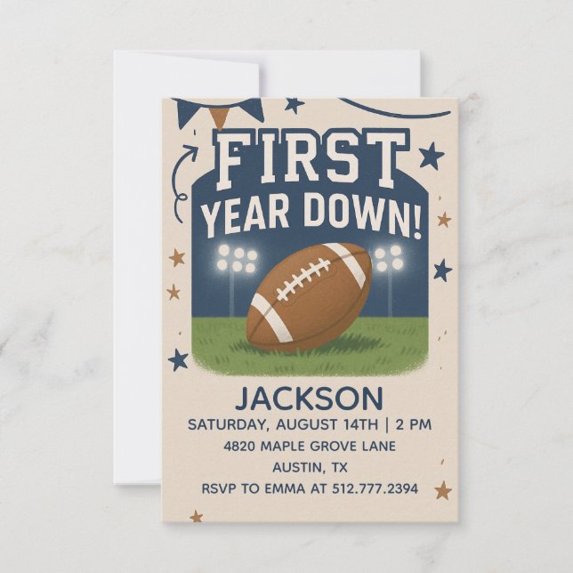 Boy's 1st Birthday First Year Down -Blue Football  Invitation (Front)