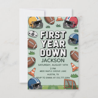 Boy's 1st Birthday First Year Down - Football Invitation