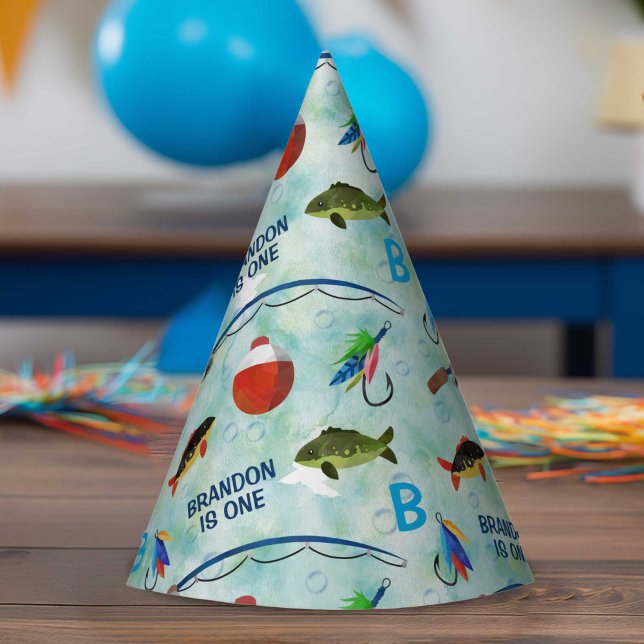Boys 1st birthday o-fish-ally fishing themed  party hat (Fishing themed, boy 1st birthday party cone hat.)