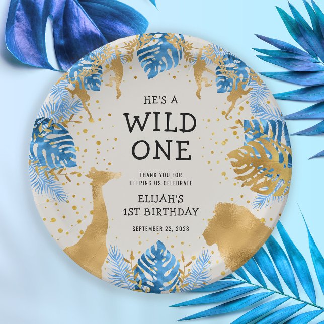 Boys 1st Birthday Party Blue Ecru Safari  Paper Plate (Creator Uploaded)
