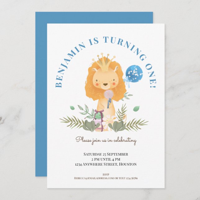 Boys 1st Birthday Party Cute Lion Safari Invitation (Front/Back)