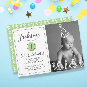 Boy's 1st Birthday Party Photo Candles Cake Invitation