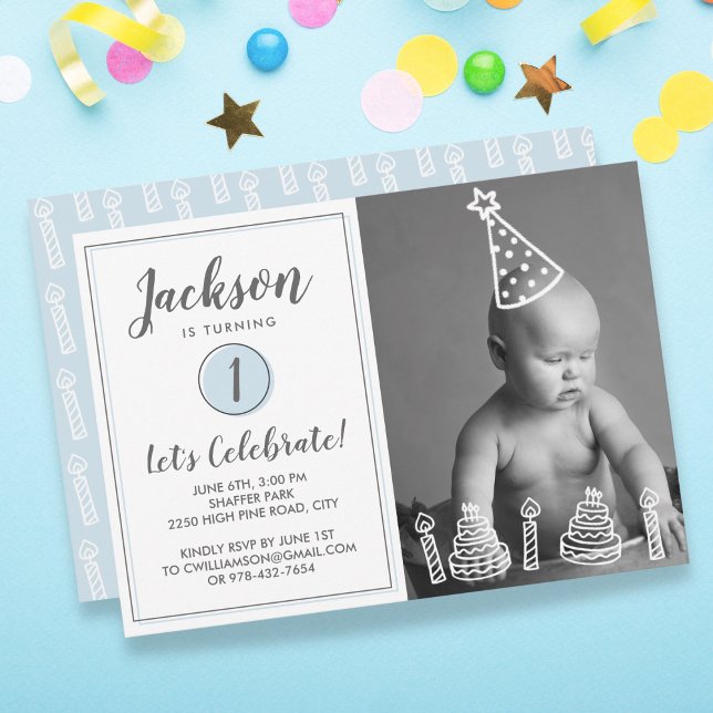 Boy's 1st Birthday Party Photo Candles Cake Invitation (Creator Uploaded)