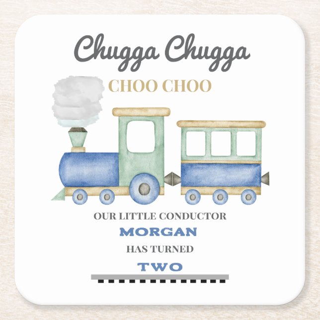 Boy's 2nd Birthday Blue Train Chugga Choo   Square Paper Coaster (Front)