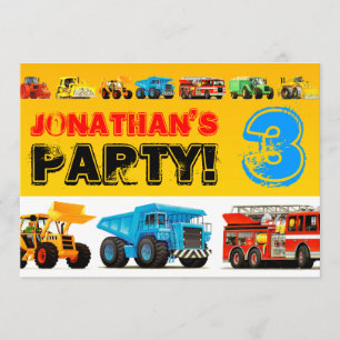 Boys 3rd Birthday Construction Truck Party Invitation