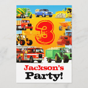 Boys 3rd Birthday Construction Truck Party Invitation
