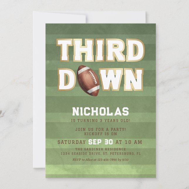 Boys 3rd Birthday Football Third Down Invitation (Front)