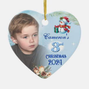 Boy's 3rd Christmas Personalized Photo Heart  Ceramic Tree Decoration