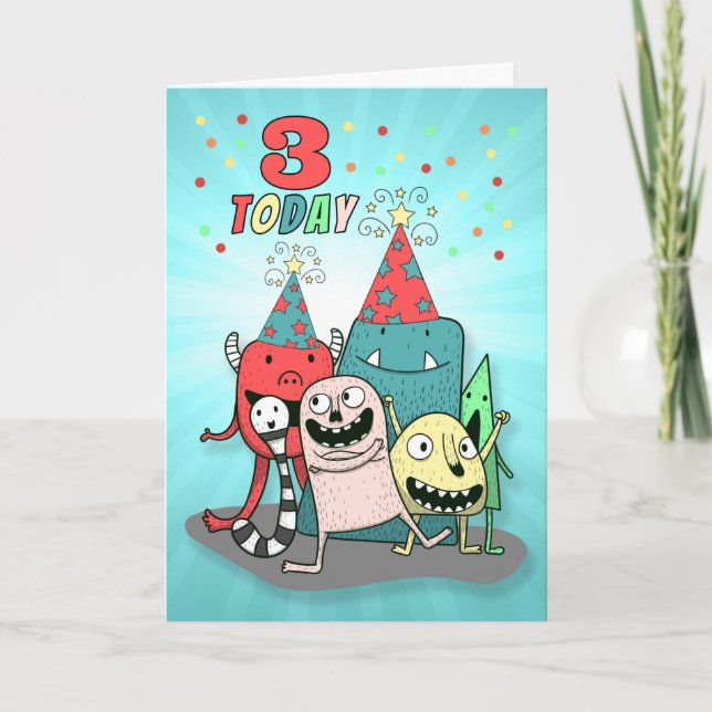 Boy's 3rd Colourful Monster Birthday Card (Front)