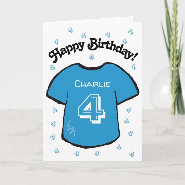 boy's 4th birthday blue football shirt card (Front)